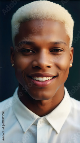 Obraz na płótnie Portrait of handsome African American male model smiling, white Afro, fashion and lifestyle, diversity, people background w salonie