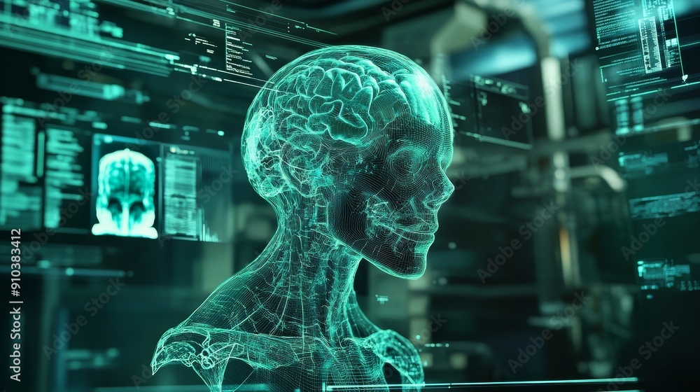 Digital Human with Brain Scan in Technology Interface - A digital representation of a human head, with a detailed brain scan visible through a futuristic technological interface. This symbolizes artif Digital Human with Brain Scan in Technology Interface - A digital representation of a human head, with a detailed brain scan visible through a futuristic technological interface. This symbolizes artif