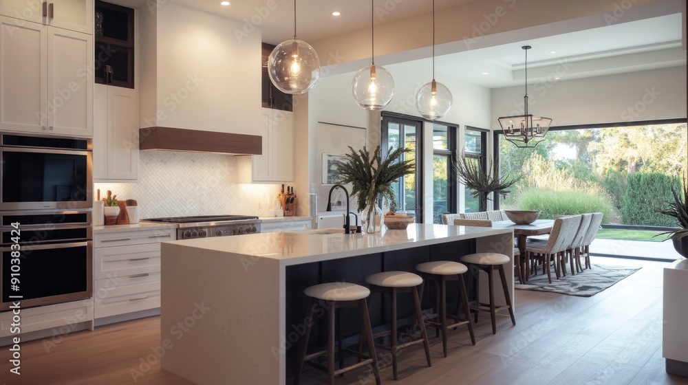 A modern kitchen with a central island and bar stools, perfect for casual dining A modern kitchen with a central island and bar stools, perfect for casual dining