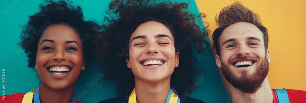 Diverse Group of Happy Friends Celebrating Success - Three friends, one woman with curly hair and two men, are smiling and laughing together. They are wearing colorful clothes and are looking at the c Diverse Group of Happy Friends Celebrating Success - Three friends, one woman with curly hair and two men, are smiling and laughing together. They are wearing colorful clothes and are looking at the c