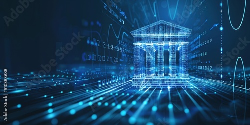 A futuristic icon of an open bank building with columns, surrounded by digital lines and data curves on a dark blue background, representing the evolution to artificial intelligence Generative AI