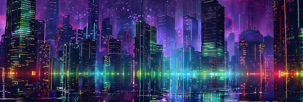 cyber punk city buldings from side view purple and green bookeh cyber punk city buldings from side view purple and green bookeh