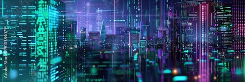 cyber punk city buldings from side view purple and green bookeh 