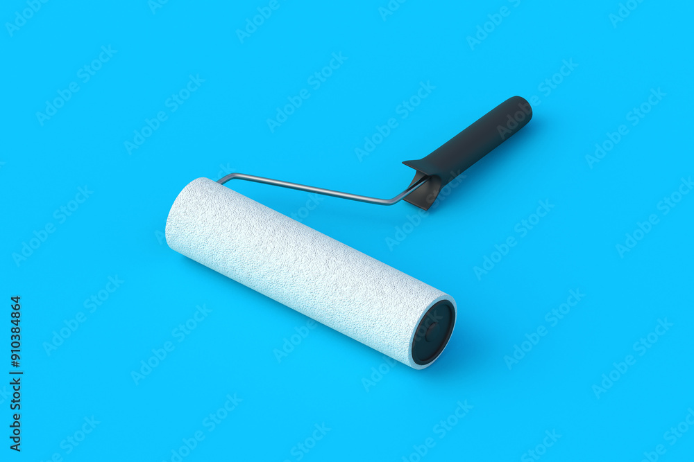 Fototapeta premium Paint roller on blue background. Tool for renovation. Housework equipment. Professional instrument. 3d render