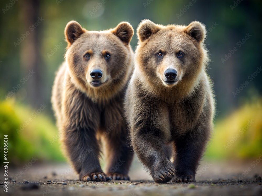 Obraz premium Two grizzly bears stroll side by side along a forest path, illuminated by the warm golden light of the setting sun filtering through the trees. . Generative AI