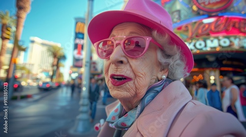 Portrait of elderly stylish grandmother wears pink eyeglasses and suit takes a selfie enjoying in Las Vegas outdoors next to casino.