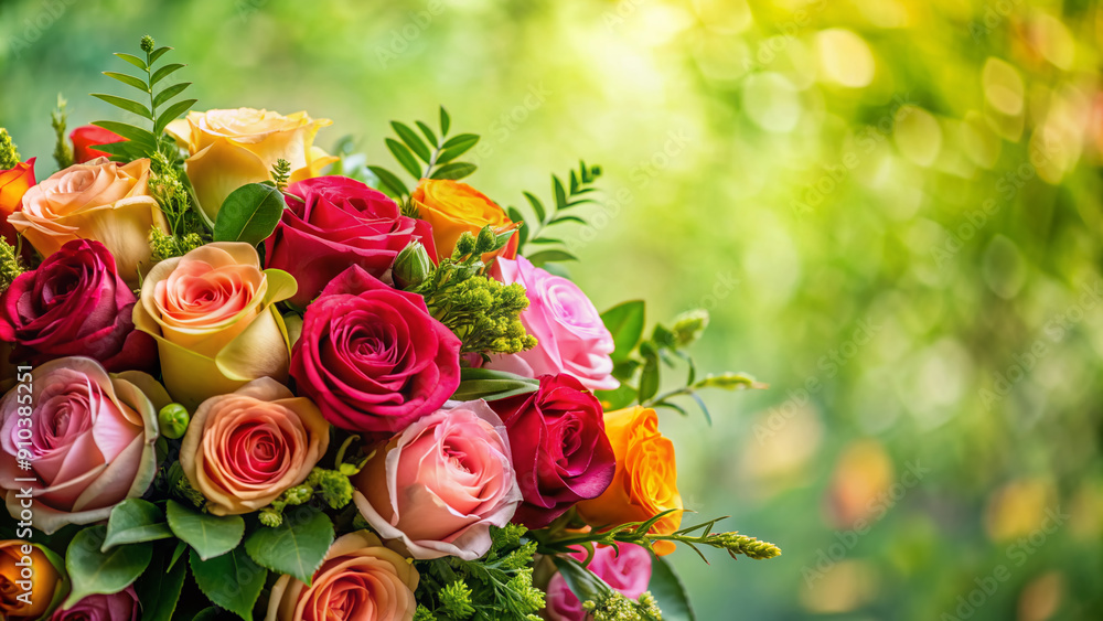 Vibrant roses and lush greenery arranged in a stunning bouquet, set against a clean backdrop with ample space for text, perfect for elegant designs. Vibrant roses and lush greenery arranged in a stunning bouquet, set against a clean backdrop with ample space for text, perfect for elegant designs.