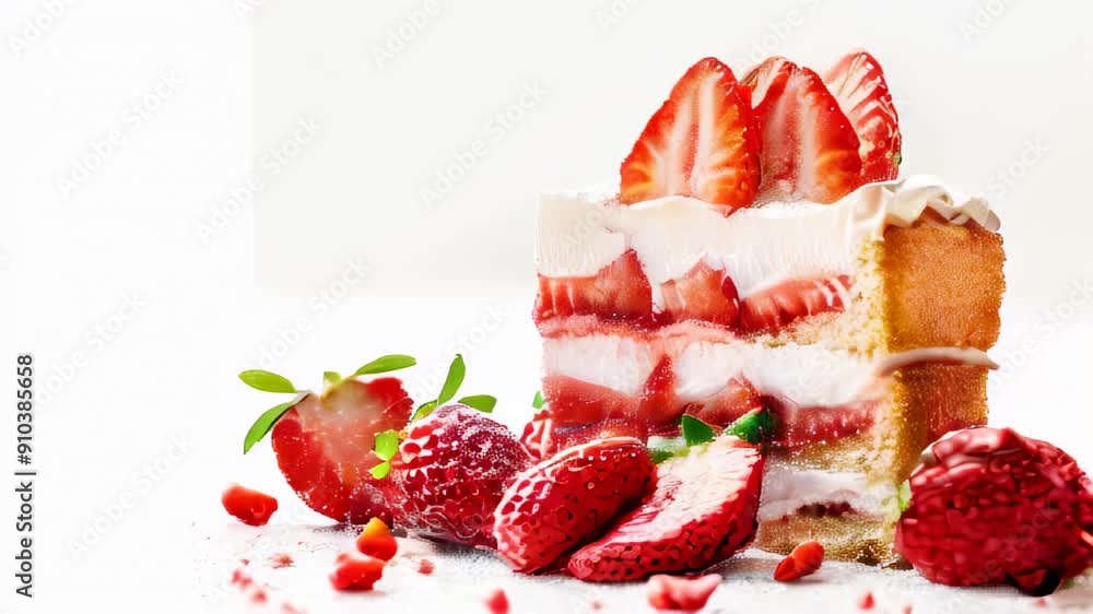 A slice of strawberry shortcake with fresh strawberries on a white background. A slice of strawberry shortcake with fresh strawberries on a white background.