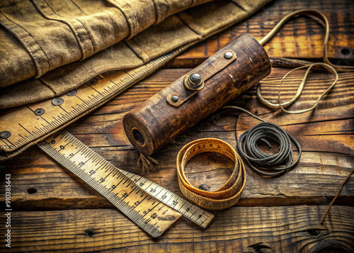 Vintage worn wooden ruler with faded measurements and rusty metal clip lies coiled on a distressed wooden table surrounded by scattered threads and forgotten fabrics. photo