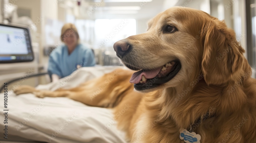 Golden Retriever Dog in Hospital Bed with Owner - A golden retriever dog lays on a hospital bed with its owner by its side, symbolizing companionship, support, loyalty, hope, and recovery. Golden Retriever Dog in Hospital Bed with Owner - A golden retriever dog lays on a hospital bed with its owner by its side, symbolizing companionship, support, loyalty, hope, and recovery.