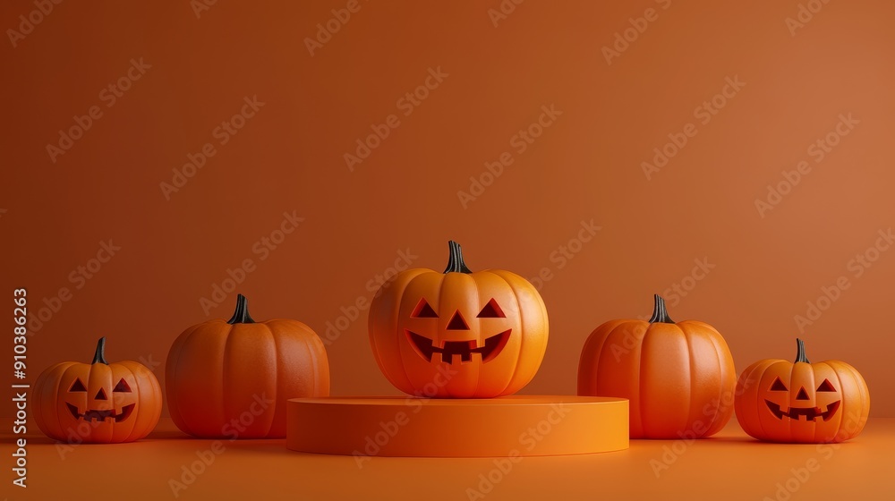 Halloween Pumpkins on Orange Background - Five jack-o'-lantern pumpkins are arranged on an orange platform against an orange backdrop, creating a festive and spooky Halloween scene. The pumpkins symbo Halloween Pumpkins on Orange Background - Five jack-o'-lantern pumpkins are arranged on an orange platform against an orange backdrop, creating a festive and spooky Halloween scene. The pumpkins symbo