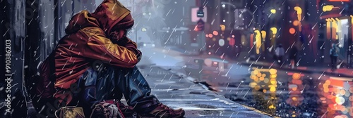 homelessness and poverty illustration with vagabond living on the street