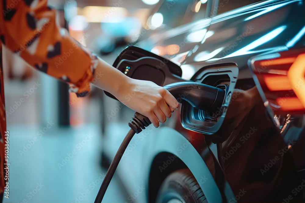 Close-up of a woman's hand charging an electric car at the charging station Close-up of a woman's hand charging an electric car at the charging station