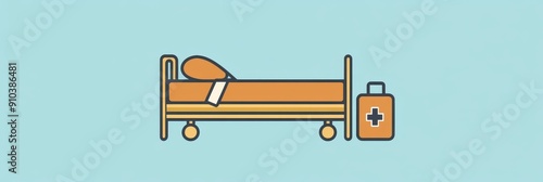 Hospital Bed with First Aid Kit - Medical Care Illustration - A simple line illustration depicting a hospital bed with a pillow and a first aid kit, symbolizing healthcare, recovery, medical assistanc photo