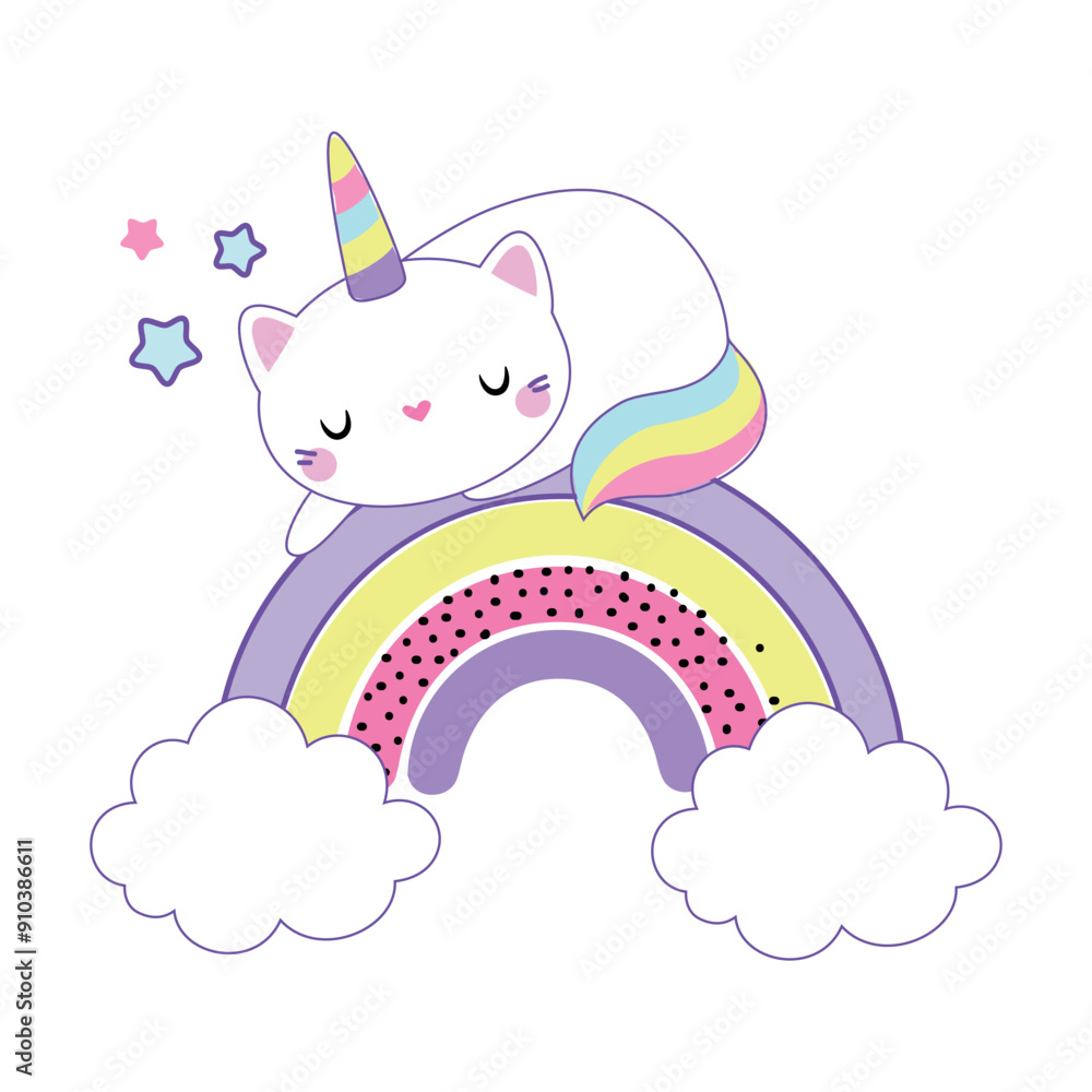 Cat Unicorn Character with Rainbow Tail and Horn Vector Illustration Cat Unicorn Character with Rainbow Tail and Horn Vector Illustration