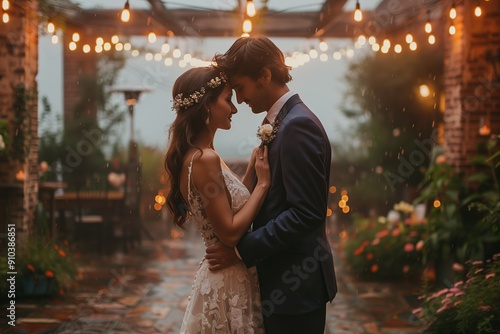 Romantic Wedding Ceremony Taking Place Outdoors Under String Lights During Evening Rain