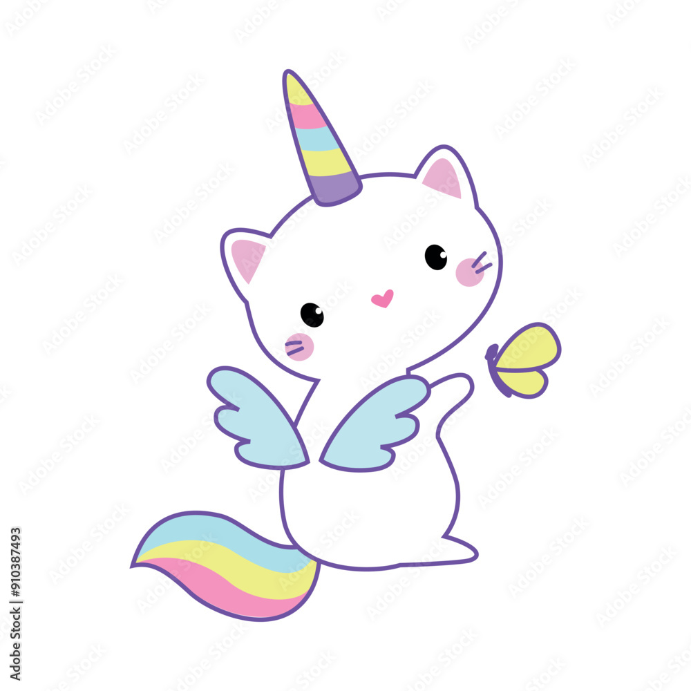 Cat Unicorn Character with Rainbow Tail and Horn Vector Illustration Cat Unicorn Character with Rainbow Tail and Horn Vector Illustration