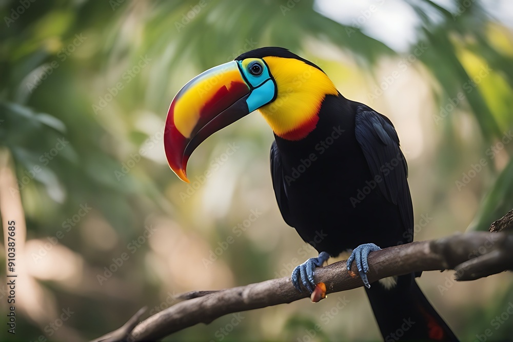Obraz premium colorful toucan beak portrait bird amazon america brazil brazilian colours colourful curious domestic expression eye fly funny green head look mouth ornithology park parrot south tongue wild wildlife