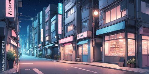Soft pastel style anime casual night urban street scene for background