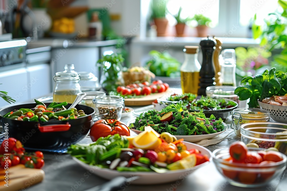 Fresh vegan dishes in the kitchen