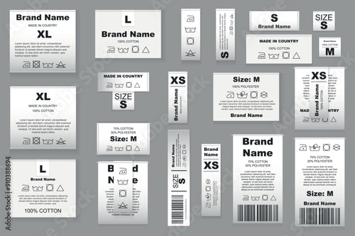 Clothes laundry labels mega set realistic elements in flat graphic design. Bundle objects of fabric clothing white tags with brand name, sizes, care washing instruction, info. Vector illustration.