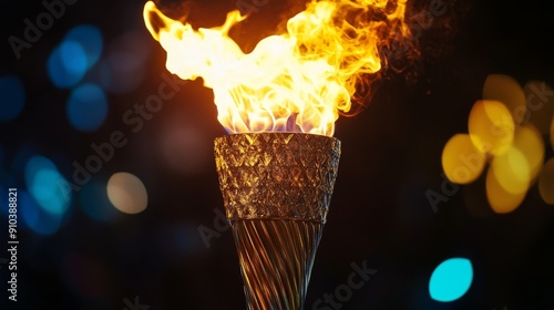 Olympic Torch Burning Brightly Against a Dark Background - A close-up of an Olympic torch burning brightly against a dark background. The flame is a symbol of hope, victory, and perseverance. The torc photo