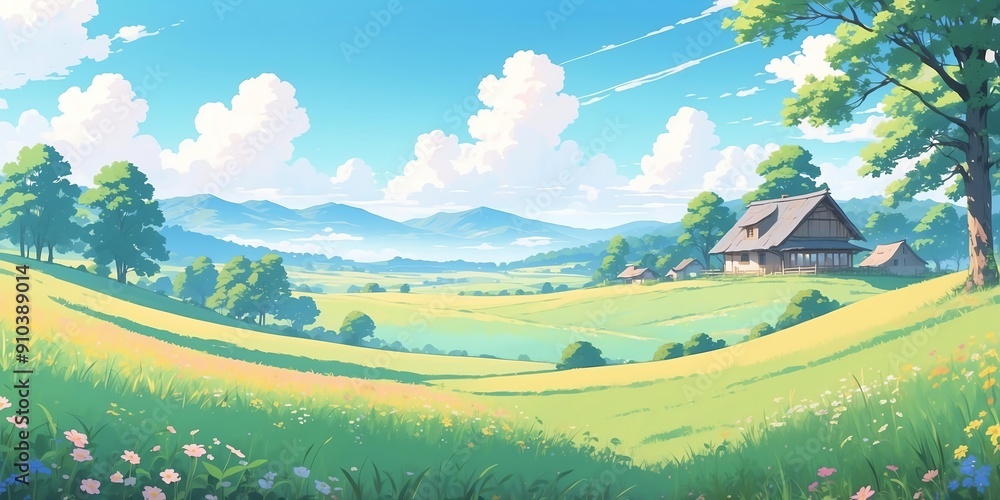 Fototapeta premium Soft pastel style anime casual morning rural meadows scene for background