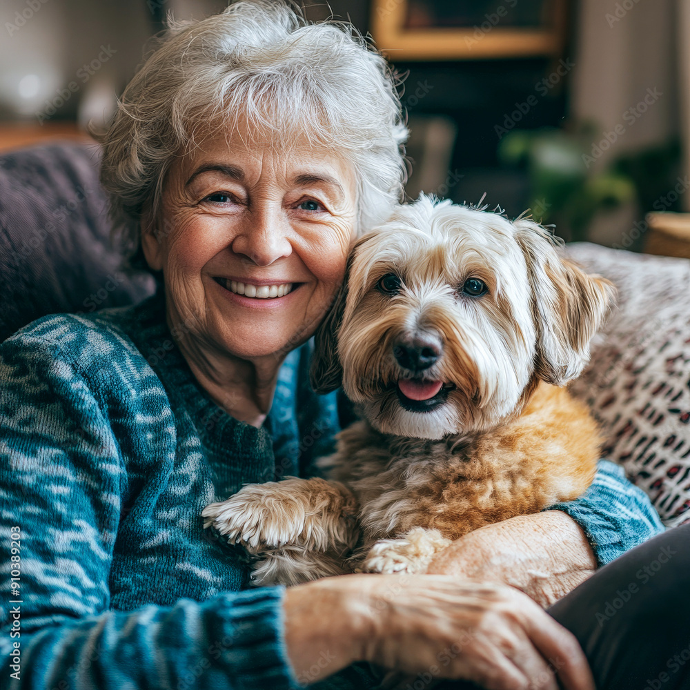 Happy Senior Woman Embracing Her Dog at Cozy Home. A Heartwarming Moment of Companionship and Joyful Friendship Happy Senior Woman Embracing Her Dog at Cozy Home. A Heartwarming Moment of Companionship and Joyful Friendship