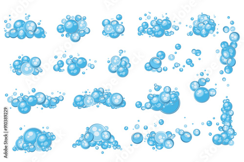 Blue soap bubbles mega set elements in flat graphic design. Bundle objects of different shape balls compositions with bath foams, foamy suds of shampoo or shower gel products. Vector illustration.