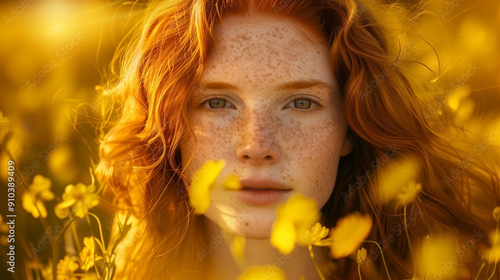 A realistic close up of a stunning young red haired woman standing in front of a sea of yellow flowers. The warm, golden light highlights her radiant hair and soft features. The A realistic close up of a stunning young red haired woman standing in front of a sea of yellow flowers. The warm, golden light highlights her radiant hair and soft features. The