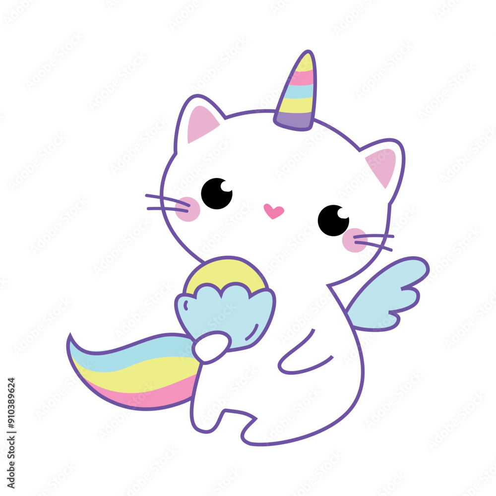 Cat Unicorn Character with Rainbow Tail and Horn Vector Illustration Cat Unicorn Character with Rainbow Tail and Horn Vector Illustration