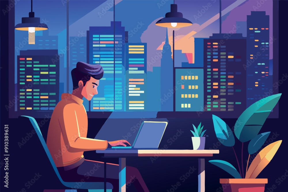 Young man with laptop. Remote work, freelance concept for banner or landing web page Young man with laptop. Remote work, freelance concept for banner or landing web page