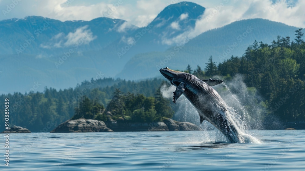 Fototapeta premium Humpback Whale coming to the surface of the water demonstrates the majesty of marine mammals.