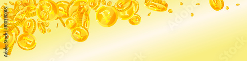 Russian ruble coins falling. Scattered gold RUB