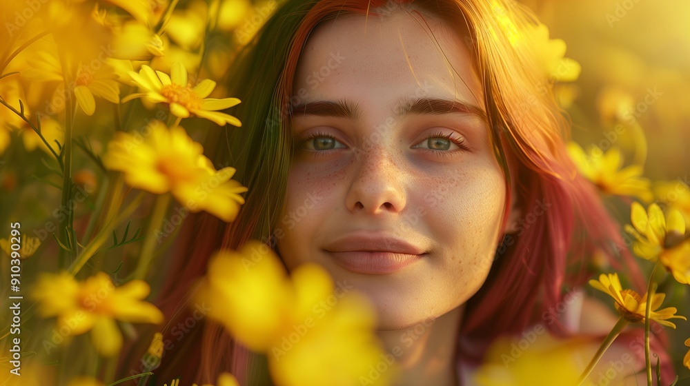 Fototapeta premium A realistic close up of a stunning young woman with green hair and red highlights standing in front of a sea of yellow flowers. The warm, golden light highlights her radiant hair
