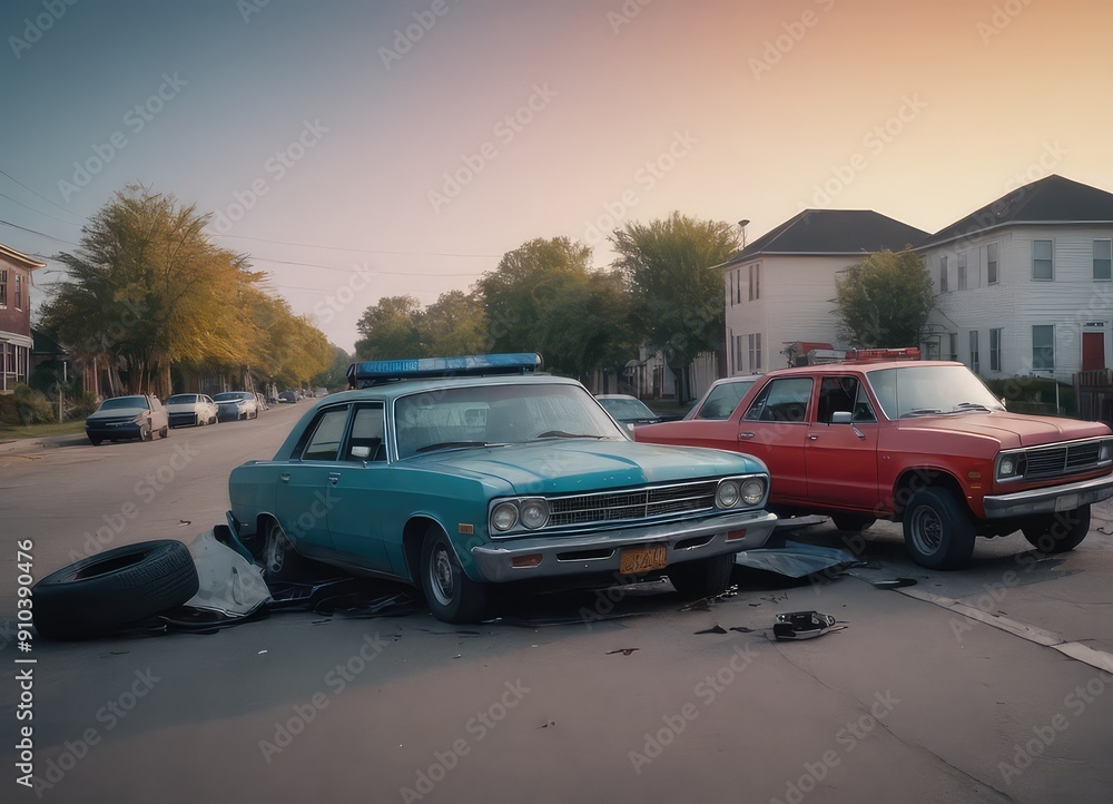 Fototapeta premium Two vehicles have collided in an incident on a quiet neighborhood street, causing concern and chaos