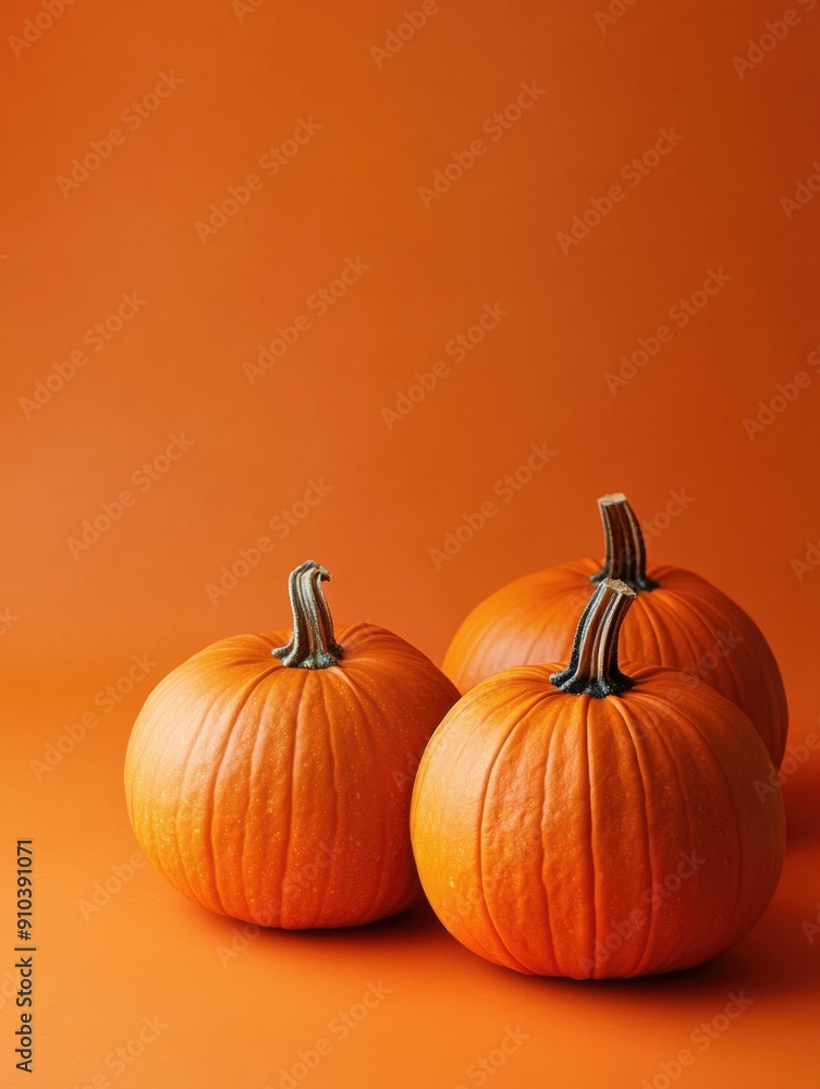 Three small pumpkins sit on an orange surface, ready for display or decoration Three small pumpkins sit on an orange surface, ready for display or decoration