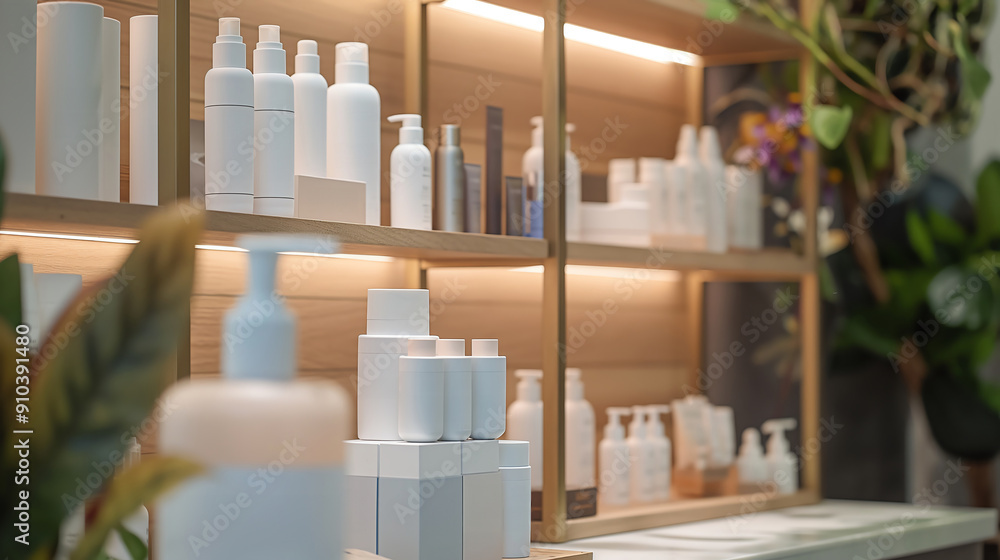 The wooden shelves are stocked with white and brown bottles and jars of beauty products. The wooden shelves are stocked with white and brown bottles and jars of beauty products.