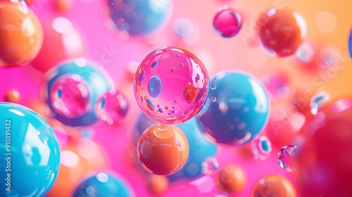 Colorful abstract spheres on a vibrant pink background.