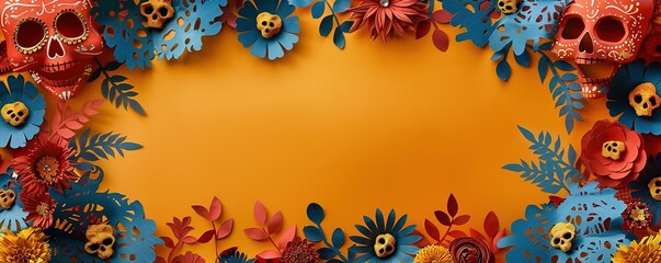 Colorful Dia de los Muertos border with flowers and skulls