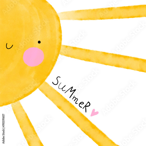 Cute Nursery Print with Smiling Sun. Summer Love. Happy Sun on a White Background. Hand Drawn Kawaii Style Cartoon ideal for Wall Art, Poster. Kids' Room Decoration.