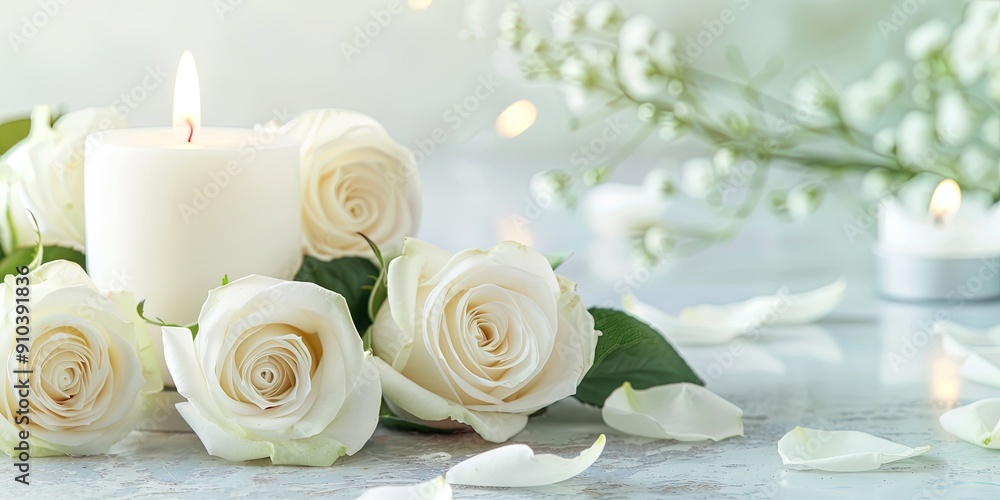 white candle, white roses, copy space white candle, white roses, copy space