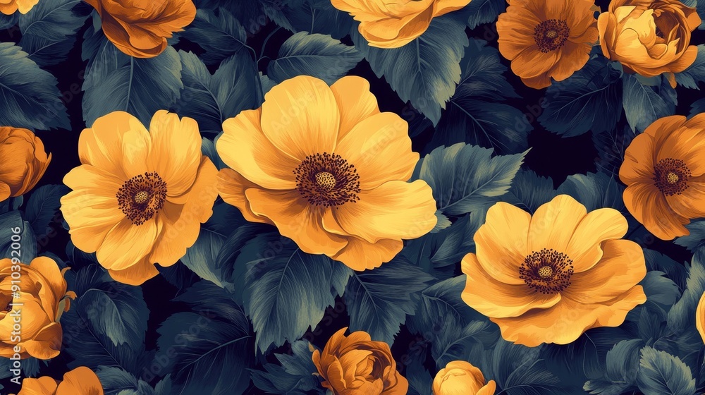 Vibrant Yellow Flowers in Lush Greenery - A close-up image of beautiful yellow flowers blooming in a lush, green garden. The flowers are in full bloom, with their delicate petals unfurling. The deep g Vibrant Yellow Flowers in Lush Greenery - A close-up image of beautiful yellow flowers blooming in a lush, green garden. The flowers are in full bloom, with their delicate petals unfurling. The deep g
