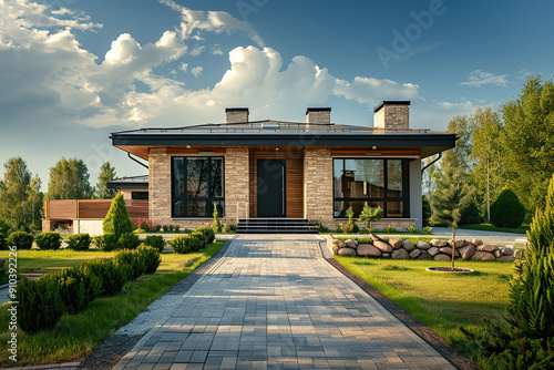 Modern house in suburb with beautiful green landscape