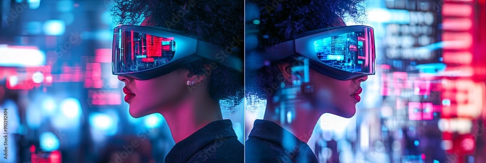 Woman Wearing Futuristic VR Headset in a Neon Cityscape - A young woman ...