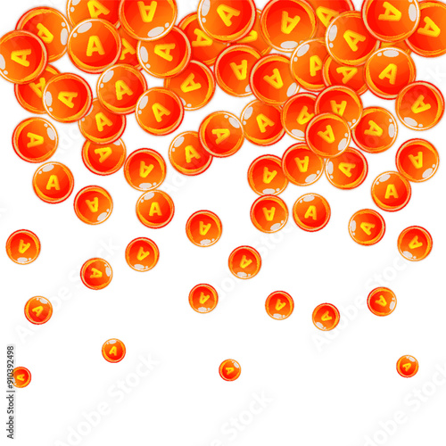 Vitamin A round capsules scattered randomly.