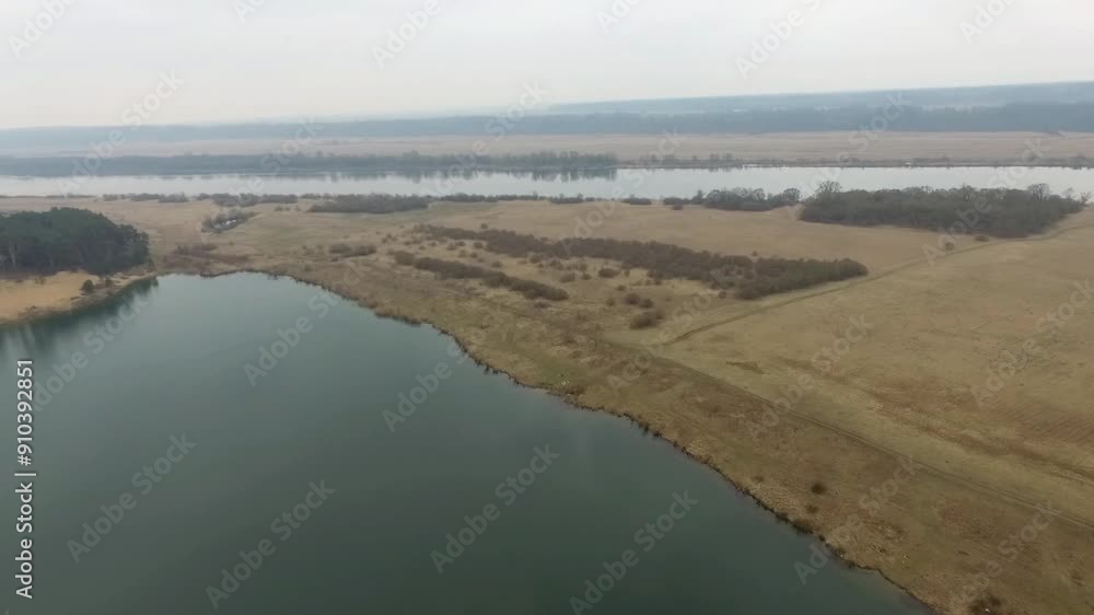 Lake and River in Lithuania. Misty Morning, Late Autumn Natura and Landscape. Drone Lake and River in Lithuania. Misty Morning, Late Autumn Natura and Landscape. Drone