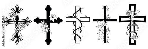 Set of beautiful graphic crosses in cartoon style.Vector illustration of silhouettes of crosses of different shapes, with flowers: roses, lilies, leaves, thistle isolated on a white background.