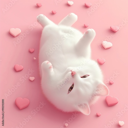 White cat lying on a pink background with hearts. Flat lay, top view.