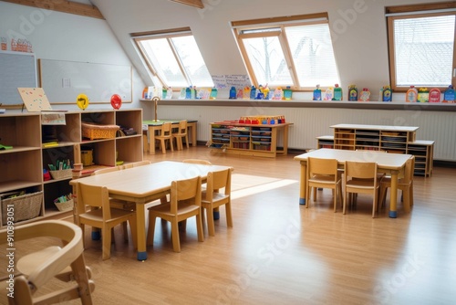 Tables and chairs in modern preschool Empty modern preschool classroom, no people